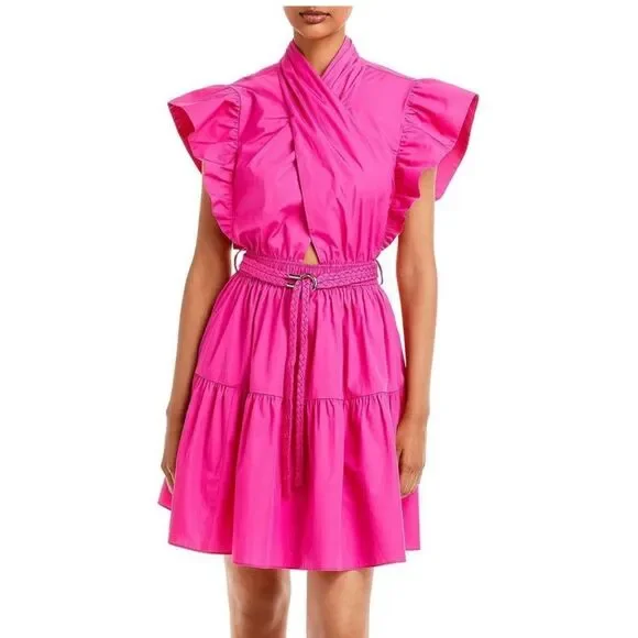 Derek Lam 10 Crosby Finn Ruffle Wrap Tiered Mini Shift Dress in Magenta Size 8 - Picture 2 of 11